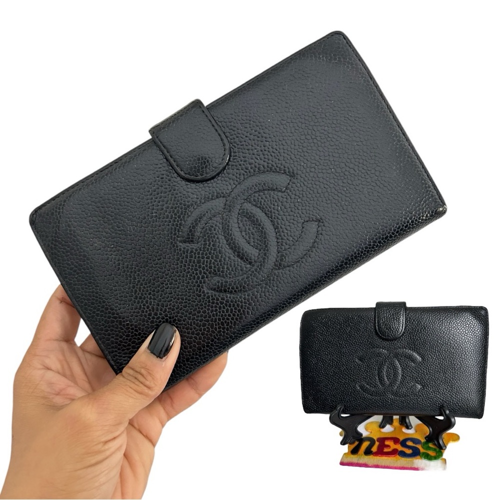 CHANEL CC Caviar Skin Leather Bifold Long Vintage Womens Wallet Black Authentic